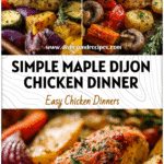 Sheet pan of maple dijon chicken with roasted vegetables, perfect for a healthy dairy free dinner.